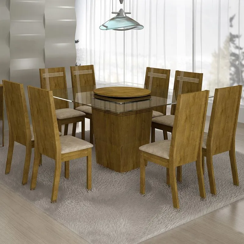 Conjunto Sala de Jantar Mesa com Prato Giratório Ômega 8 Cadeiras Havana Siena Móveis Ypê/ Suede Bege Conjunto Sala de Jantar Mesa com Prato Giratório Ômega 8 Cadeiras Havana Espresso Móveis