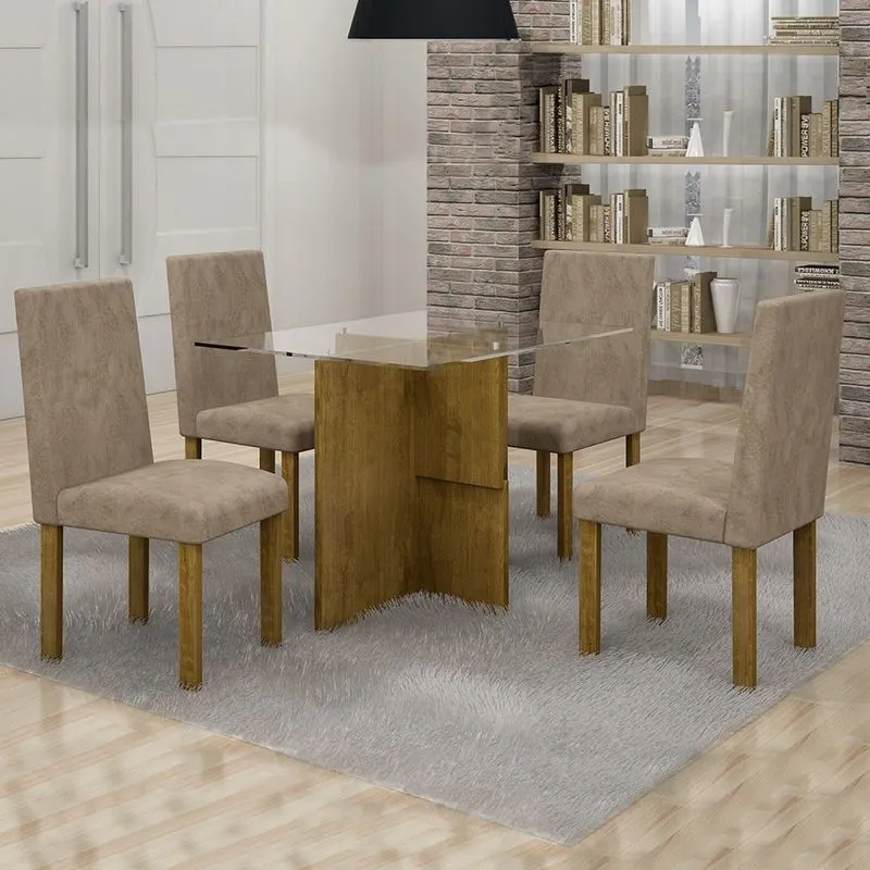 Conjunto Sala de Jantar Mesa Tampo de Vidro 4 Cadeiras Village Cel Móveis