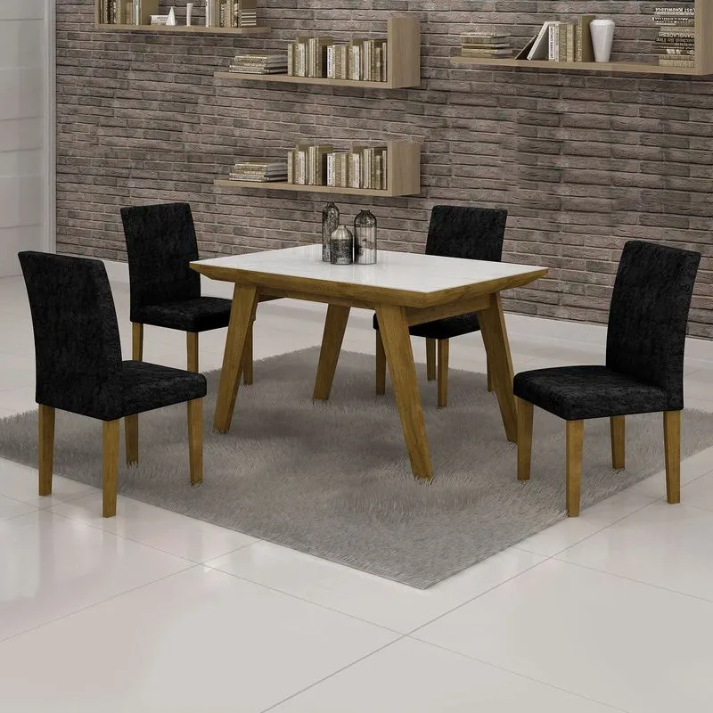 Conjunto Sala de Jantar Mesa Tampo MDF/Vidro Branco Esmeralda 4 Cadeiras Classic Cel Móveis Ypê/Veludo Preto