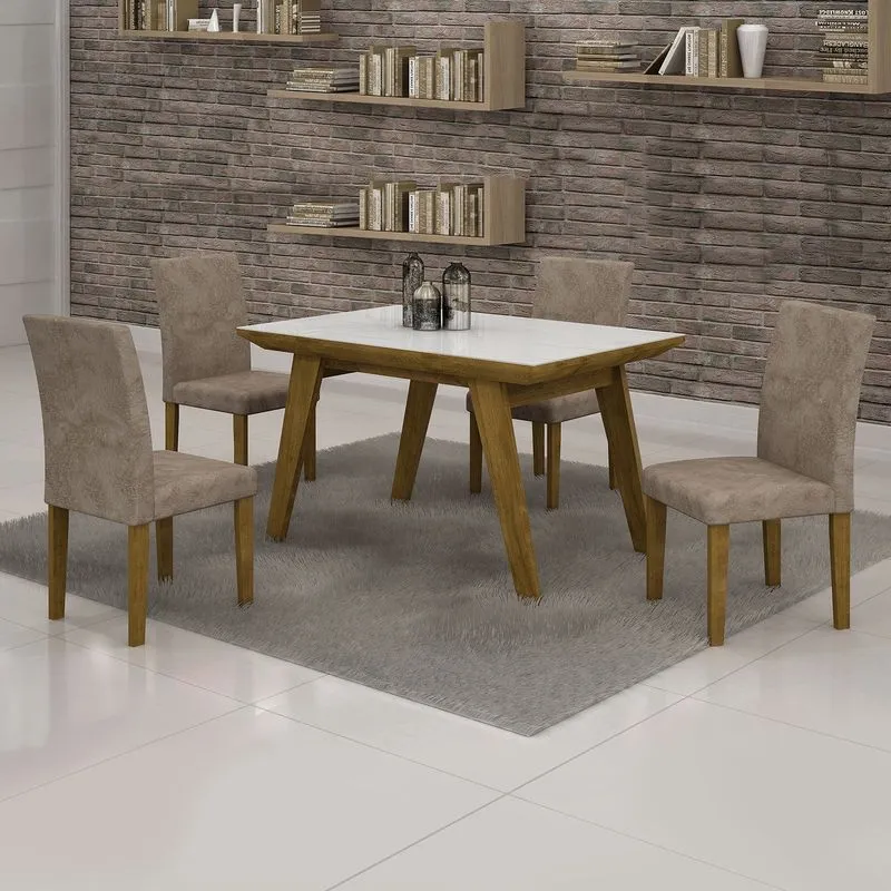 Conjunto Sala de Jantar Mesa Tampo MDF/Vidro Branco Esmeralda 4 Cadeiras Classic Cel Móveis