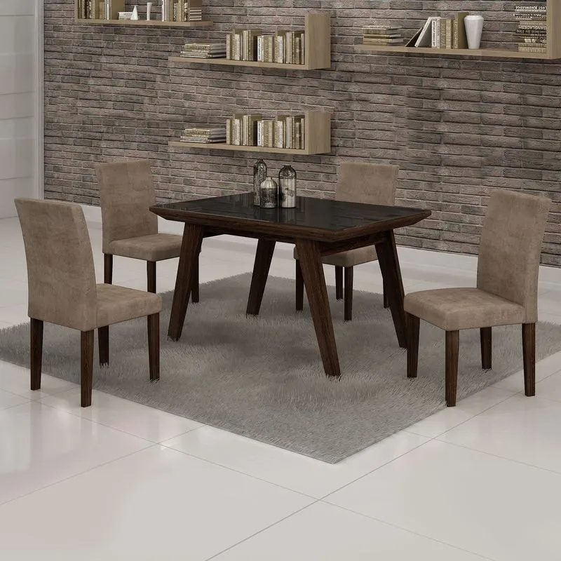 Conjunto Sala de Jantar Mesa Tampo MDF/Vidro Preto Esmeralda 4 Cadeiras Classic Cel Móveis Malbec/ Suede Animale Bege