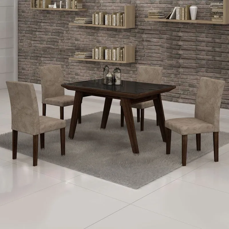 Conjunto Sala de Jantar Mesa Tampo MDF/Vidro Preto Esmeralda 4 Cadeiras Classic Cel Móveis