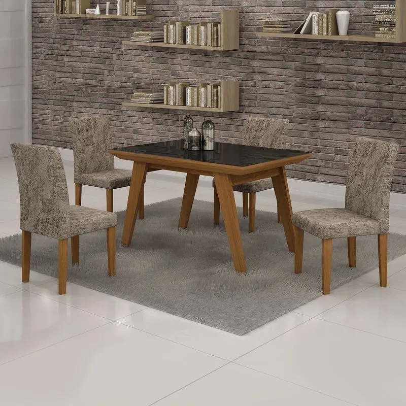Conjunto Sala de Jantar Mesa Tampo MDF/Vidro Preto Esmeralda 4 Cadeiras Classic Cel Móveis Nogueira/Veludo Marrom