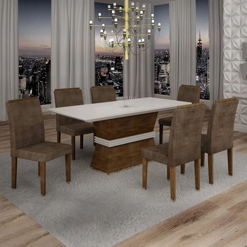 Conjunto Sala de Jantar Mesa Jade Tampo de Vidro 6 Cadeiras Sevilha Cel Móveis Chocolate/Animale Marrom 52