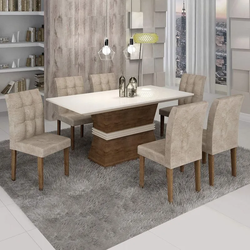 Conjunto Sala de Jantar Mesa Jade Tampo de Vidro 6 Cadeiras Vitória Cel Móveis Chocolate /Pena 84