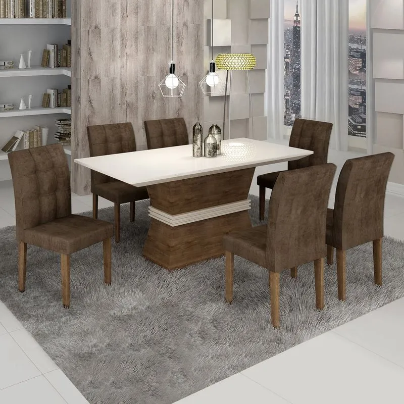 Conjunto Sala de Jantar Mesa Jade Tampo de Vidro 6 Cadeiras Vitória Cel Móveis Chocolate/Animale Marrom 52