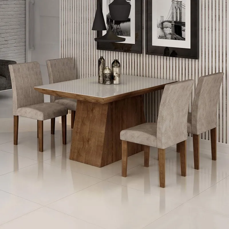 Conjunto Sala de Jantar Mesa Sevilha I Tampo de Vidro 4 Cadeiras Miami Cel Móveis Chocolate/Pena 84