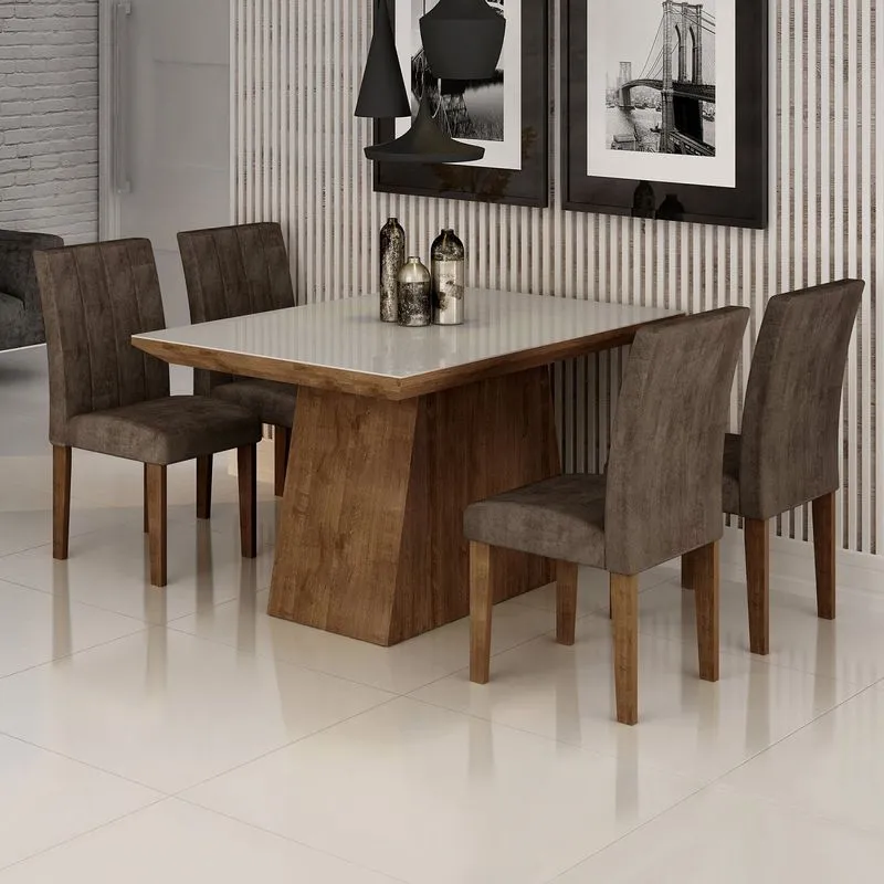 Conjunto Sala de Jantar Mesa Sevilha I Tampo de Vidro 4 Cadeiras Miami Cel Móveis Chocolate/Animale Marrom 52