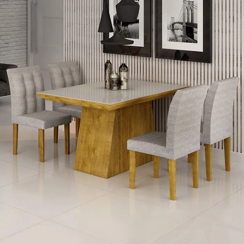 Conjunto Sala de Jantar Mesa Sevilha I Tampo de Vidro 4 Cadeiras Vitoria Cel Móveis Ypê/Suede Cinza 90