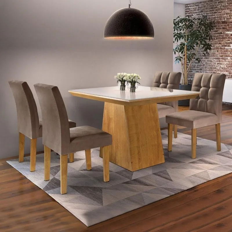 Conjunto Sala De Jantar Mesa Sevilha I Tampo De Vidro 4 Cadeiras Vitoria Cel Móveis Ypê/animale Marrom 52