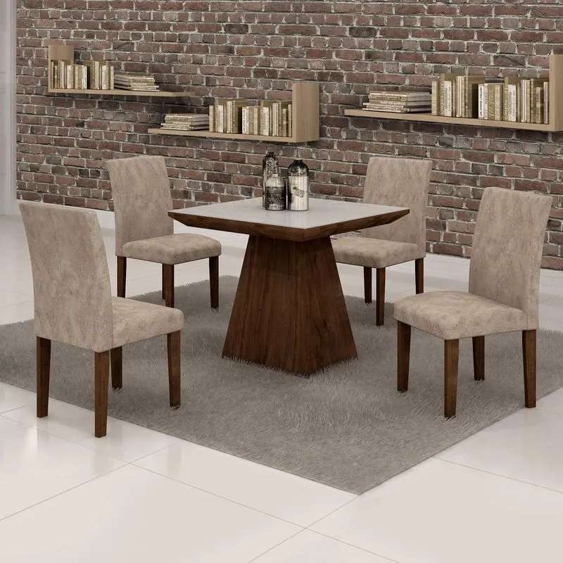 Conjunto Sala de Jantar Mesa Sevilha Tampo de Vidro 4 Cadeiras Classic Cel Móveis Chocolate/Pena 84