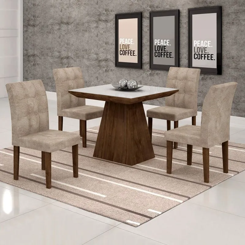 Conjunto Sala de Jantar Mesa Sevilha II Tampo de Vidro 4 Cadeiras Miami Cel Móveis Chocolate/Pena 84