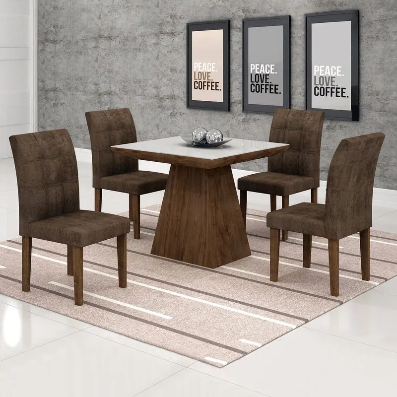 Conjunto Sala de Jantar Mesa Sevilha II Tampo de Vidro 4 Cadeiras Miami Cel Móveis Chocolate/Animale Marrom 52