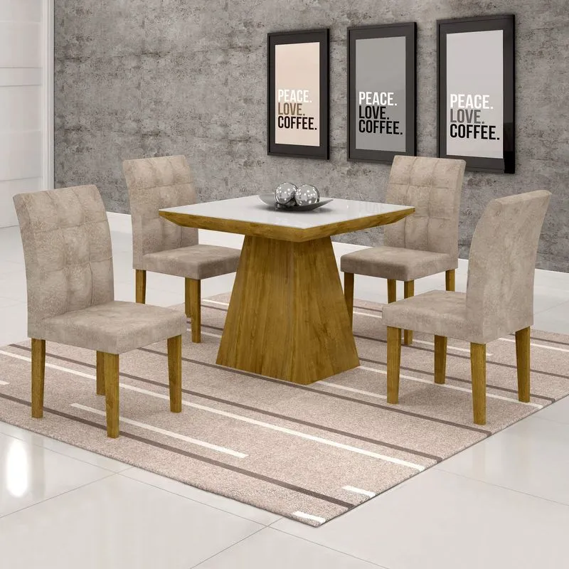Conjunto Sala de Jantar Mesa Sevilha II Tampo de Vidro 4 Cadeiras Miami Cel Móveis Ypê/Pena 84