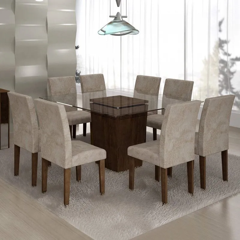 Conjunto Sala de Jantar Mesa Ômega Tampo de Vidro 8 Cadeiras Classic Cel Móveis Chocolate/Pena 84