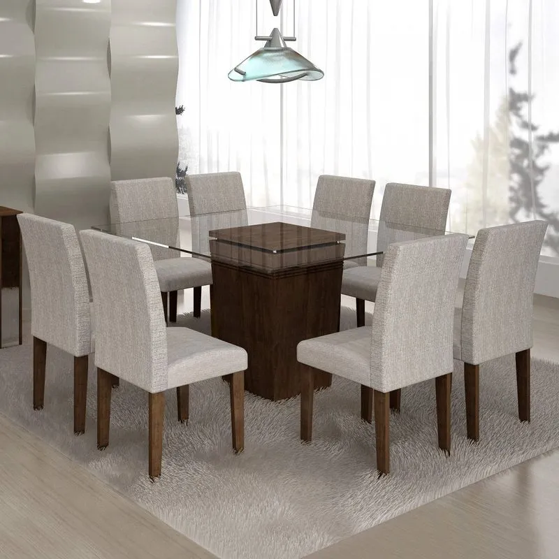 Conjunto Sala de Jantar Mesa Ômega Tampo de Vidro 8 Cadeiras Classic Cel Móveis Chocolate/Suede Cinza 90
