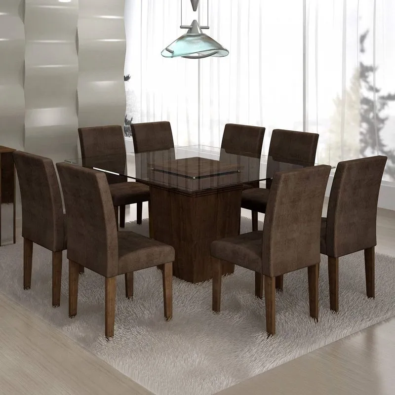 Conjunto Sala de Jantar Mesa Ômega Tampo de Vidro 8 Cadeiras Classic Cel Móveis Chocolate/Animale Marrom 52