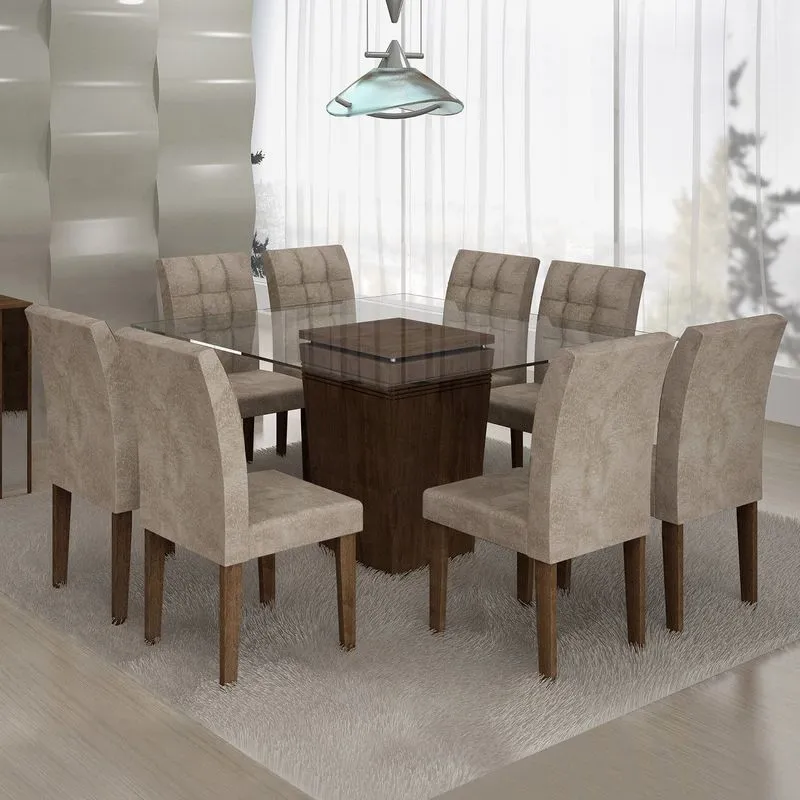 Conjunto Sala de Jantar Mesa Ômega Tampo de Vidro 8 Cadeiras Vitória Cel Móveis Chocolate/Pena 84