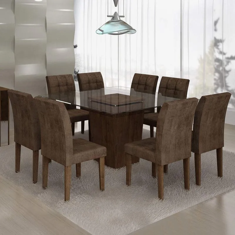 Conjunto Sala de Jantar Mesa Ômega Tampo de Vidro 8 Cadeiras Vitória Cel Móveis Chocolate/Animale Marrom 52