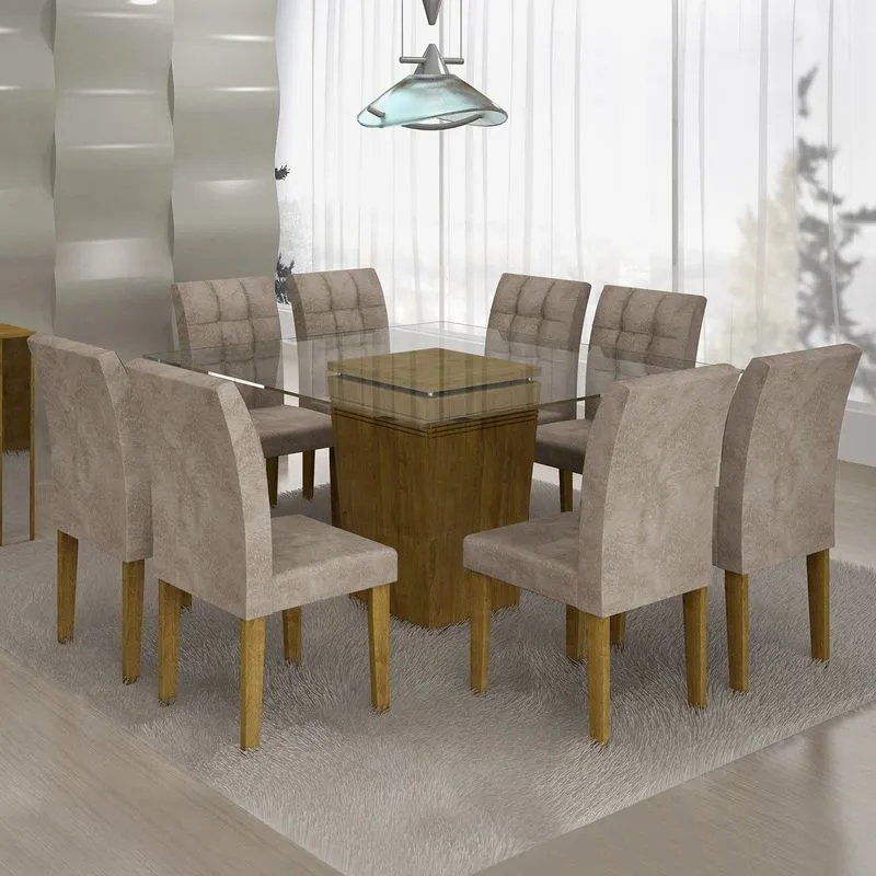 Conjunto Sala de Jantar Mesa Ômega Tampo de Vidro 8 Cadeiras Vitória Cel Móveis Ypê/Pena 84