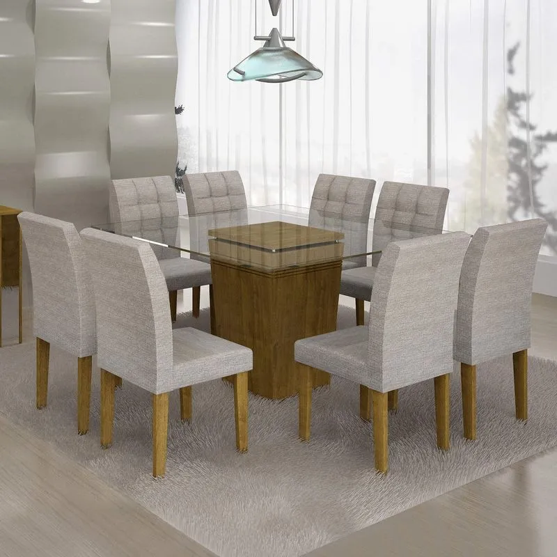 Conjunto Sala de Jantar Mesa Ômega Tampo de Vidro 8 Cadeiras Vitória Cel Móveis Ypê/Suede Cinza 90