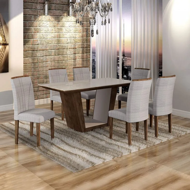 Conjunto Sala de Jantar Mesa Viggor Tampo de Vidro 6 Cadeiras Belle Cel Móveis Chocolate/Suede Cinza 90