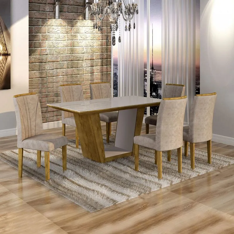 Conjunto Sala de Jantar Mesa Viggor Tampo de Vidro 6 Cadeiras Belle Cel Móveis Ypê/Pena 84