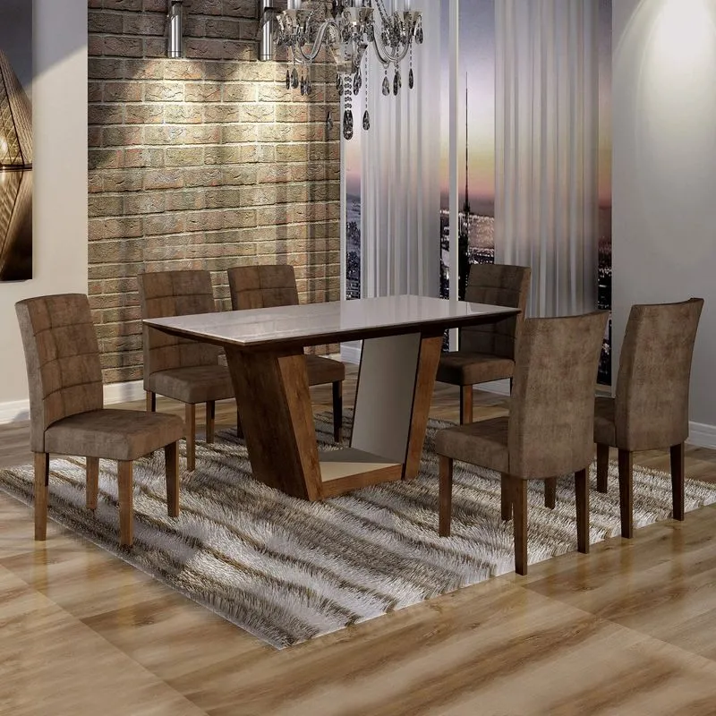 Conjunto Sala de Jantar Mesa Tampo de Vidro 6 Cadeiras Viggor Cel Móveis Chocolate/Animale Marrom 52