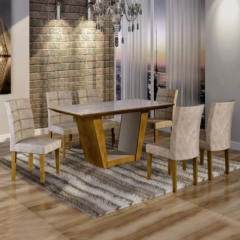 Conjunto Sala de Jantar Mesa Tampo de Vidro 6 Cadeiras Viggor Cel Móveis Ypê/Pena 84