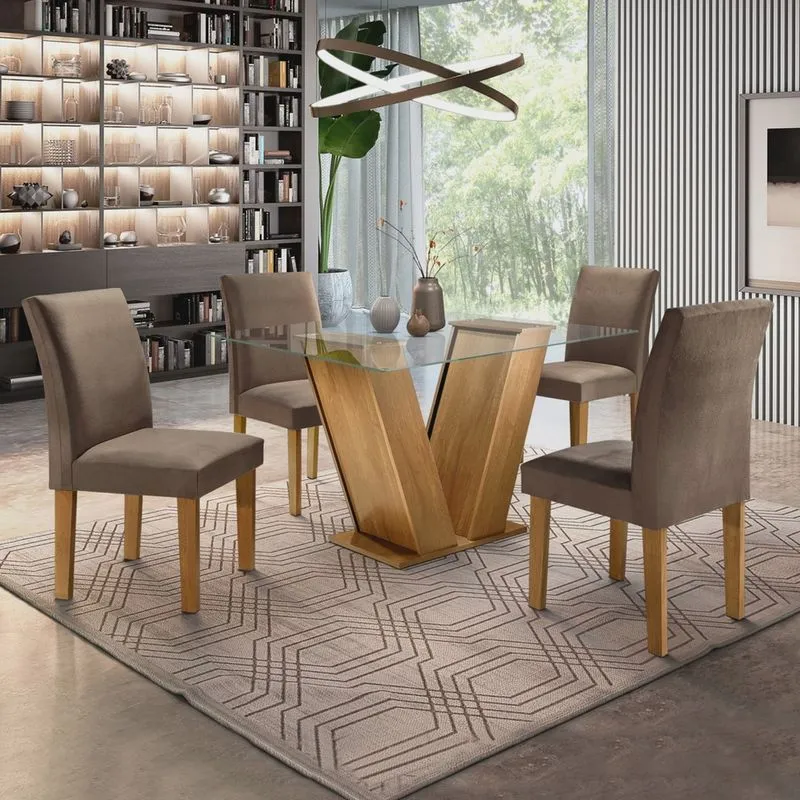 Conjunto Sala de Jantar Mesa Tampo de Vidro e 4 Cadeiras Classic Cel Móveis Ypê/Animale Marrom 52