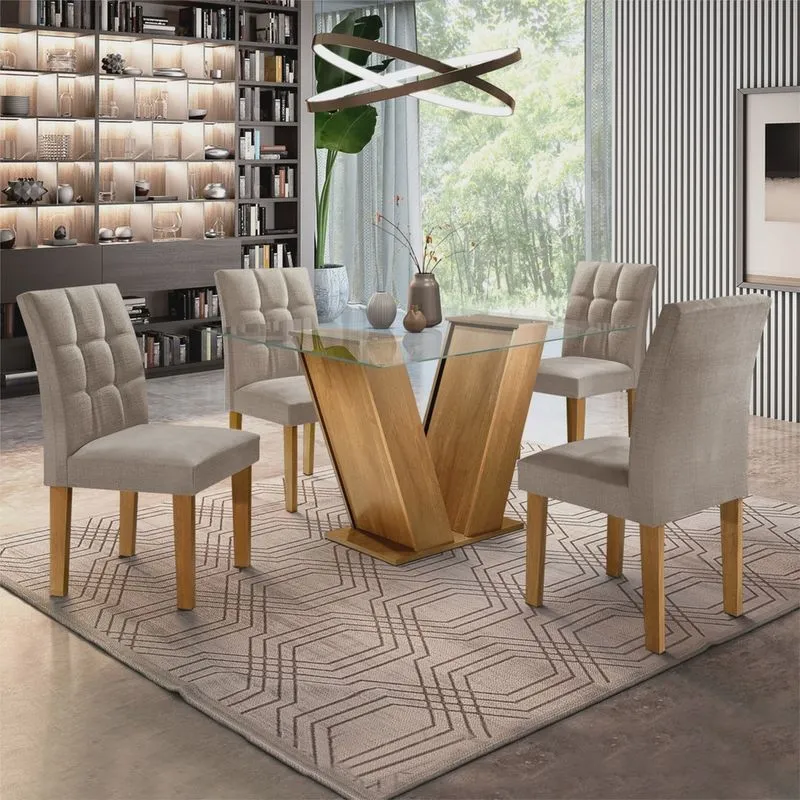 Conjunto Sala de Jantar Mesa Classic Tampo de Vidro 4 Cadeiras Vitória Cel Móveis Ypê/Suede