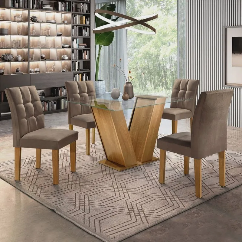 Conjunto Sala de Jantar Mesa Classic Tampo de Vidro 4 Cadeiras Vitória Cel Móveis Ypê/Animale