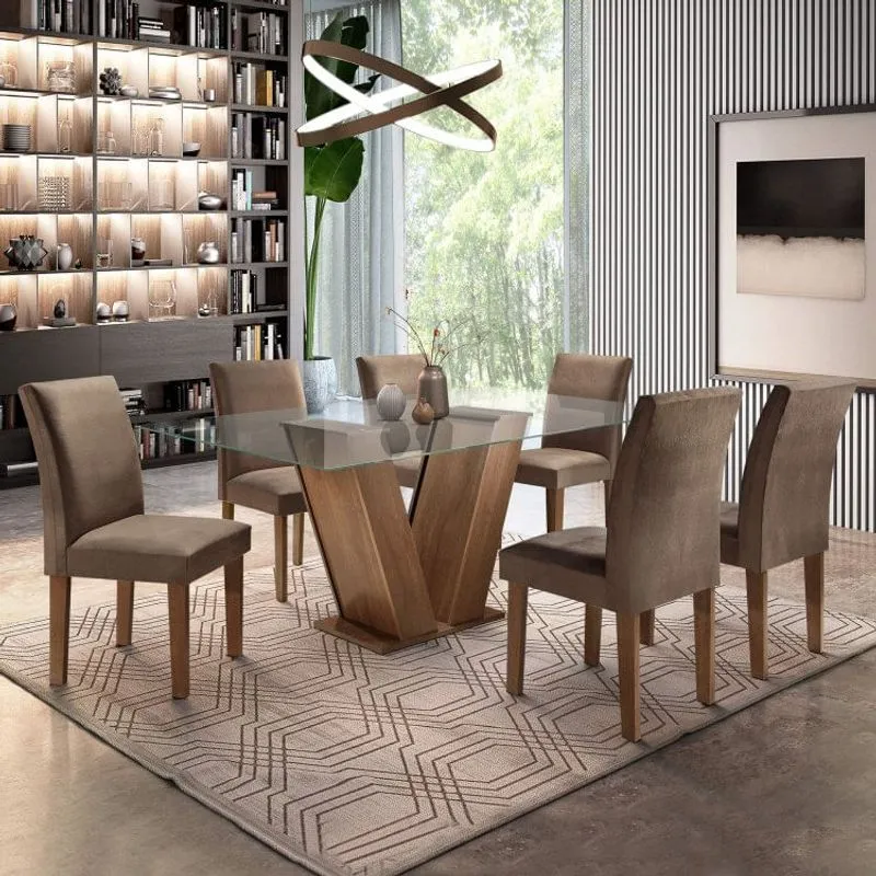 Conjunto Sala de Jantar Mesa Tampo de Vidro 6 Cadeiras Classic Cel Móveis