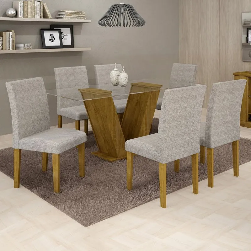 Conjunto Sala de Jantar Mesa Tampo de Vidro 6 Cadeiras Classic Cel Móveis Ypê/Suede Cinza 90