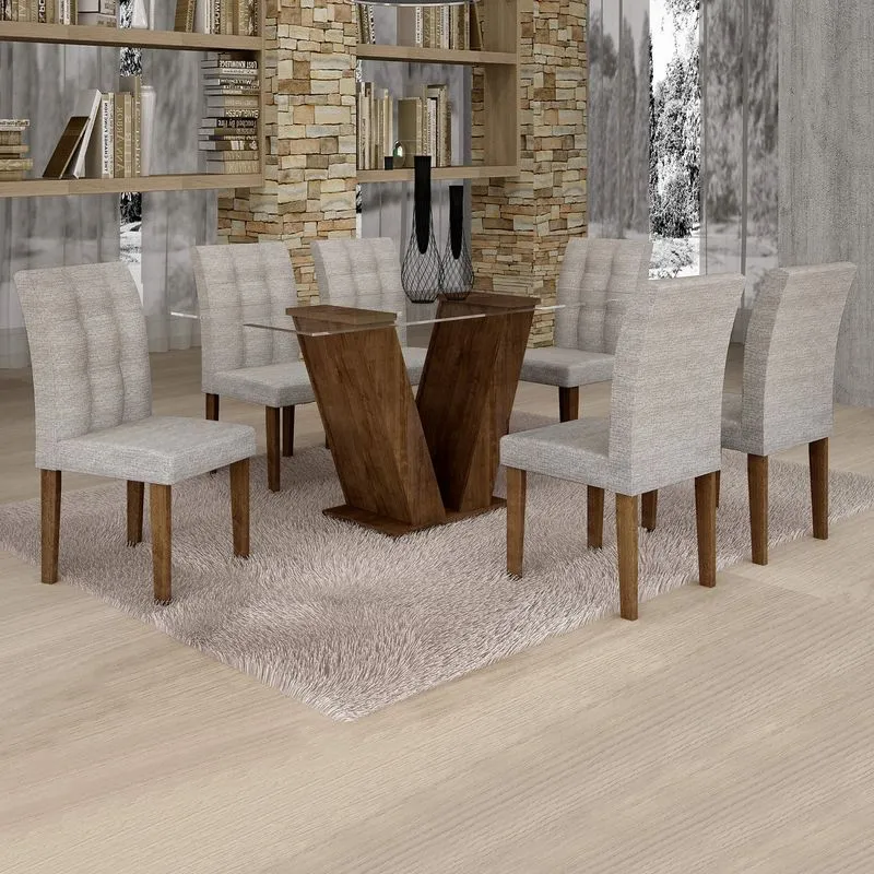 Conjunto Sala de Jantar Mesa Classic Tampo de Vidro 6 Cadeiras Vitória Cel Móveis Chocolate/Suede Cinza 90
