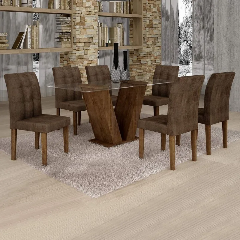 Conjunto Sala De Jantar Mesa Classic Tampo De Vidro 6 Cadeiras Vitória Cel Móveis Chocolate/Animale Marrom 52