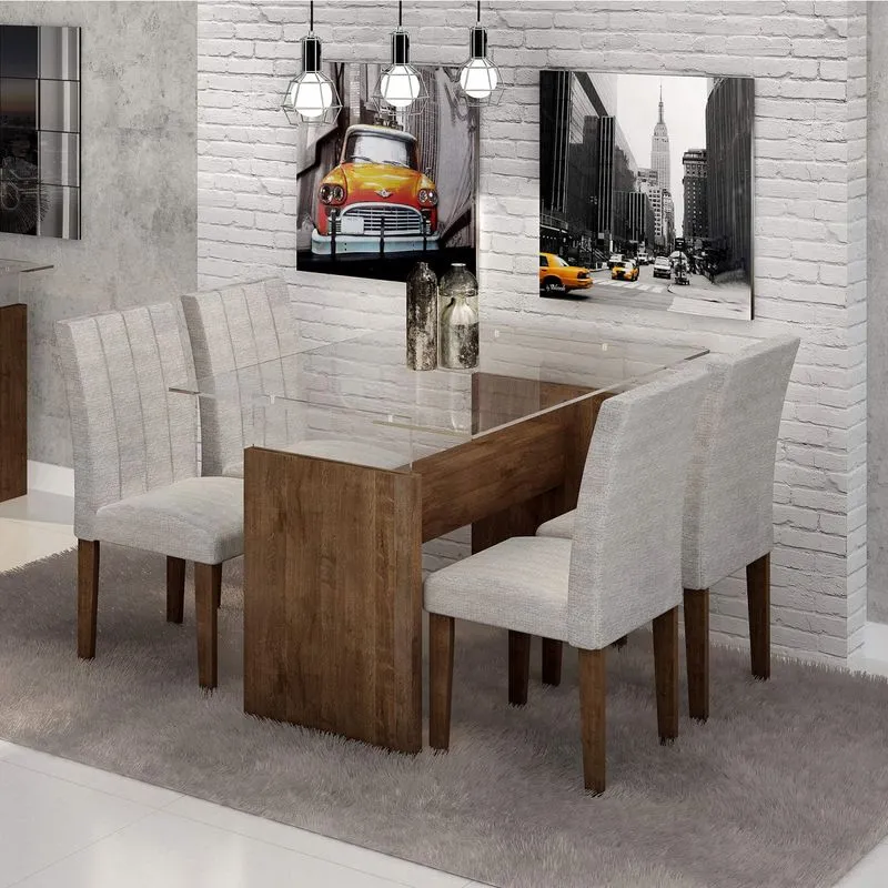 Conjunto Sala de Jantar Mesa Evidence Tampo de Vidro 4 Cadeiras Miami Cel Móveis Chocolate/Suede Cinza 90