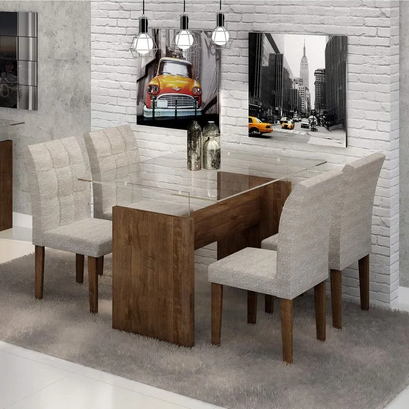 Conjunto Sala de Jantar Mesa Evidence Tampo de Vidro 4 Cadeiras Vitória Cel Móveis Chocolate/Suede Cinza 90