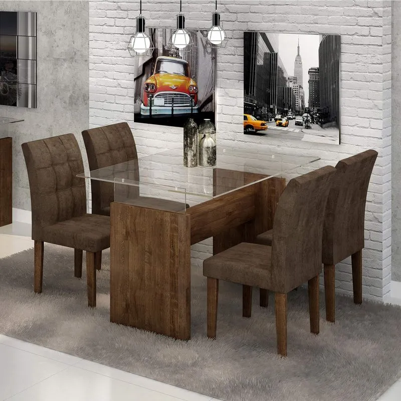 Conjunto Sala de Jantar Mesa Evidence Tampo de Vidro 4 Cadeiras Vitória Cel Móveis Chocolate/Animale Marrom 52