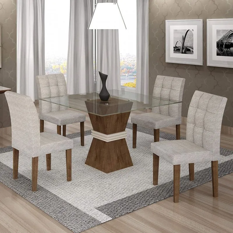 Conjunto Sala de Jantar Mesa Tampo de Vidro 4 Cadeiras Vitória Cel Móveis Chocolate/Off White/Suede Cinza 90