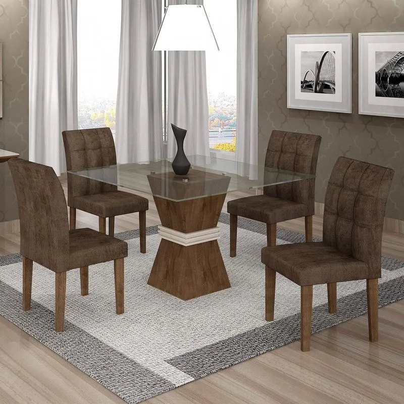 Conjunto Sala de Jantar Mesa Tampo de Vidro 4 Cadeiras Vitória Cel Móveis Chocolate/Off White/Animale Marrom 52