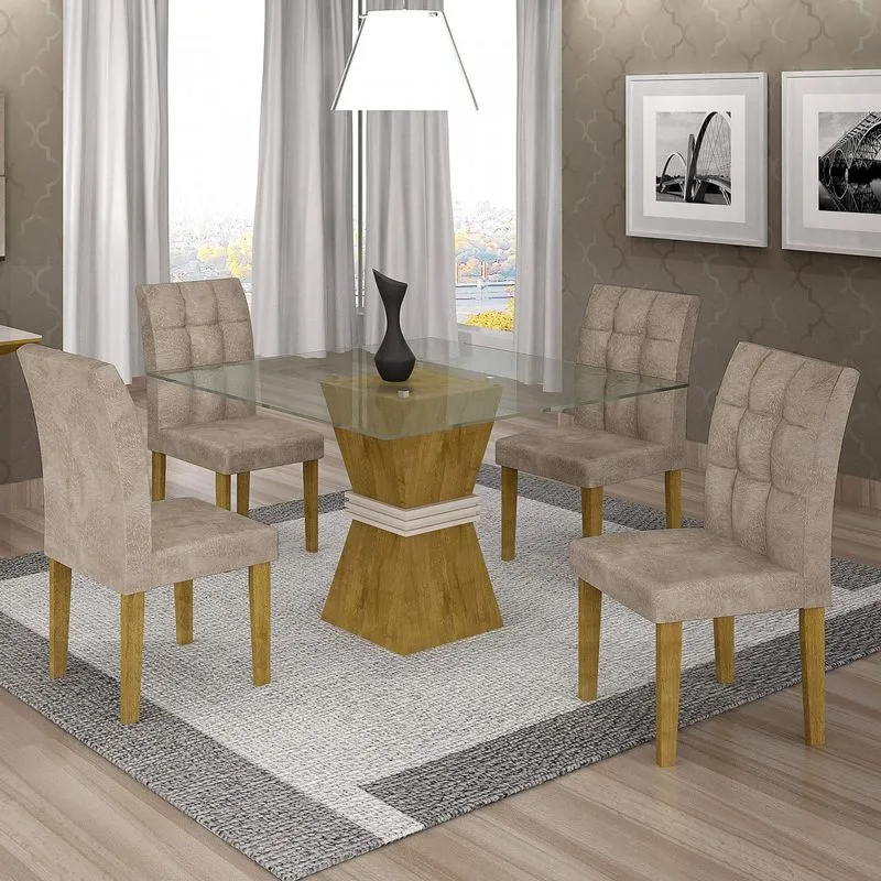 Conjunto Sala de Jantar Mesa Tampo de Vidro 4 Cadeiras Vitória Cel Móveis Ypê/Off White/Pena 84