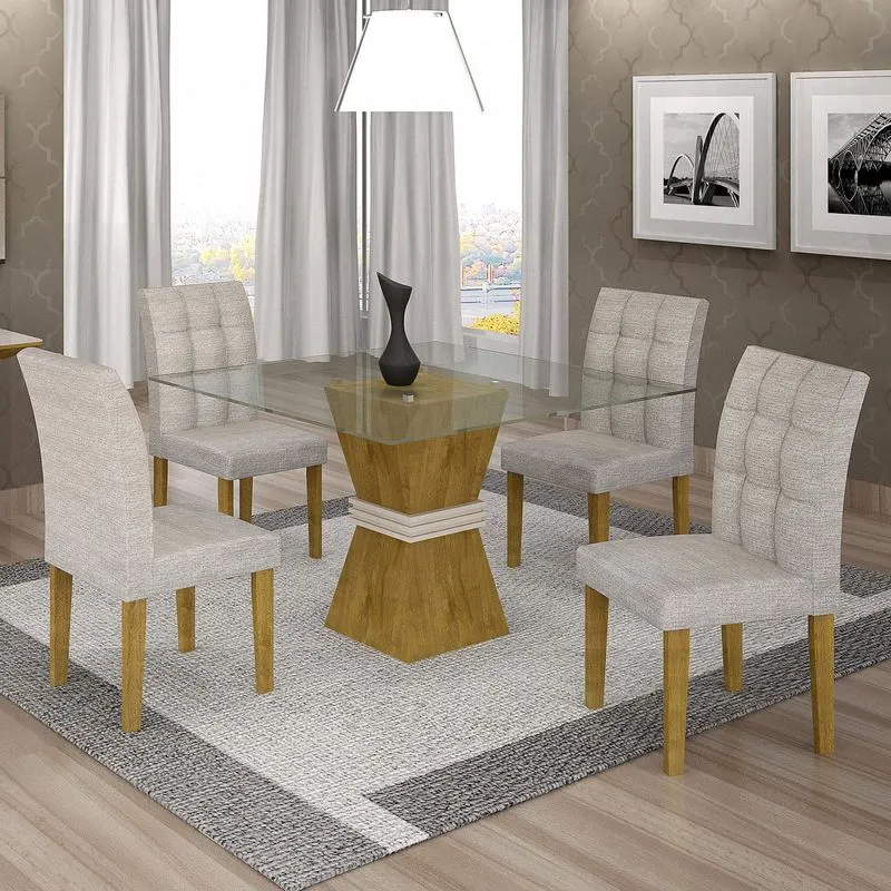Conjunto Sala de Jantar Mesa Tampo de Vidro 4 Cadeiras Vitória Cel Móveis Ypê/Off White/Suede Cinza 90