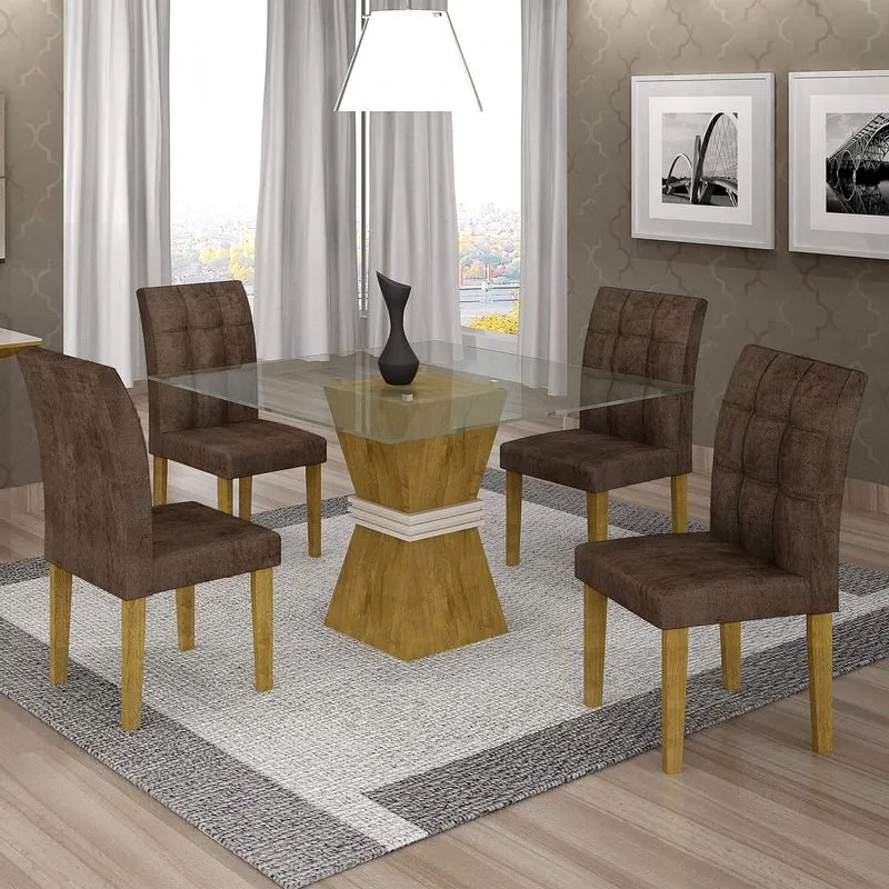 Conjunto Sala de Jantar Mesa Tampo de Vidro 4 Cadeiras Vitória Cel Móveis Ypê/Off White/Animale Marrom 52