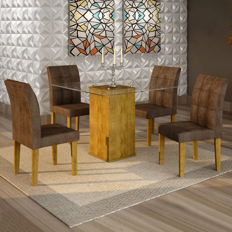 Conjunto Sala de Jantar Mesa Havana Tampo de Vidro 4 Cadeiras Vitória Cel Móveis Ypê/Animale Marrom 52
