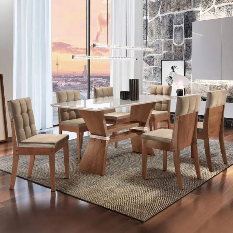 Conjunto Mesa Texas Tampo Slim Vidro Plus 6 Cadeiras Paris Cel Móveis Chocolate/Off White/Suede Animale Bege