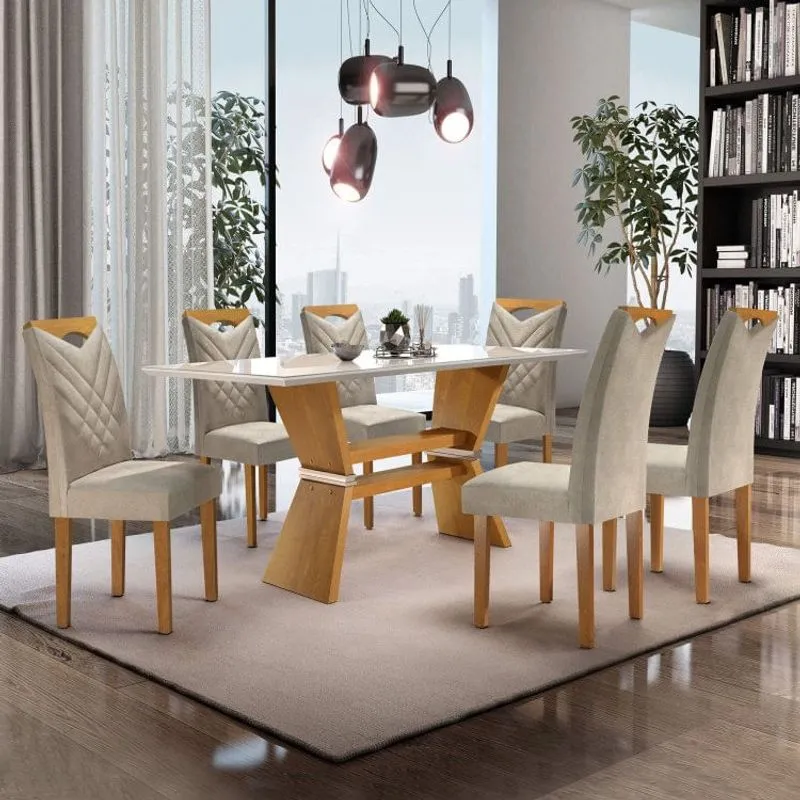 Conjunto Mesa Texas Tampo Slim Vidro Plus 6 Cadeiras Texas Cel Móveis Ype/Off White/Jacar