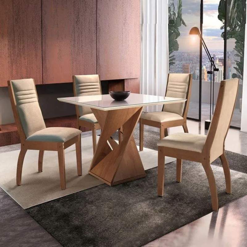 Conjunto Mesa Genova Tampo Slim Vidro Plus 4 Cadeiras Turim Cel Móveis Chocolate/Suede Pena