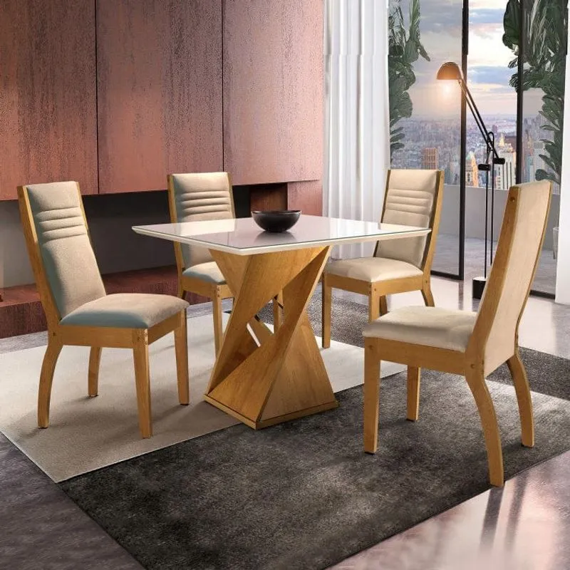 Conjunto Mesa Genova Tampo Slim Vidro Plus 4 Cadeiras Turim Espresso Móveis