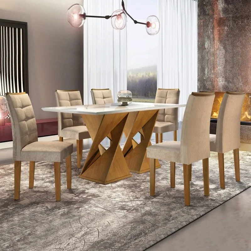 Conjunto Mesa Genova Tampo Slim Vidro Plus 6 Cadeiras Napoles Cel Móveis Ypê/Suede Pena